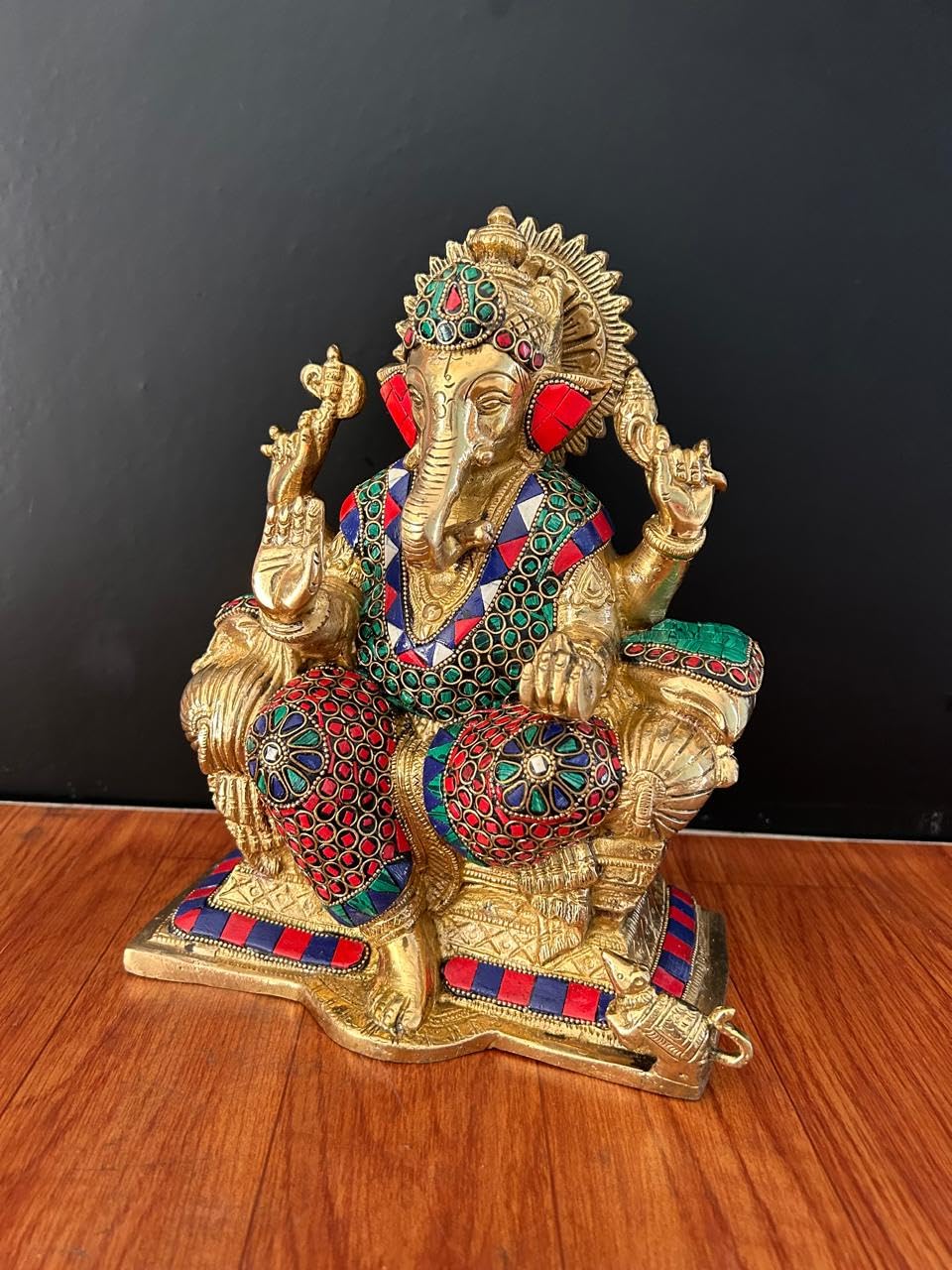 Brass Ganesha Statue With Mosaic, 24 Cm Stone Work Brass Ganesh Statue, Ganpati Idol, Good Luck Gift For New Beginnings, House W